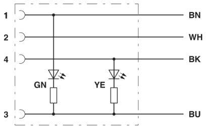 Circuit diagram with colour-coded wires: 1 to brown, 2 to white, 3 to blue. Connections with two diodes: green and yellow, each with a resistor.