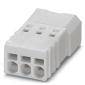 White electrical connector with four terminals, rectangular shape, suitable for cable connections in electrical devices.