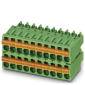 A green electrical connector with multiple rows of terminal blocks, used for connecting cables.