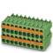 A green electrical connector with multiple rows of terminal blocks, used for connecting cables.