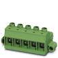 Green plug connector with five connection points, suitable for electronic connections in control cabinets.