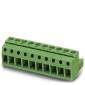 Green connector with ten terminal blocks, horizontally aligned. Suitable for electronic wiring.