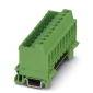 Green connector block, rectangular in shape with multiple connection points, used for electrical connections in control cabinets.