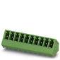 Green electrical connector with ten connection pins, positioned at an angle. Ideal for connecting circuit boards or industrial components.