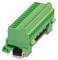 Green printed circuit board connectors on DIN rail, side terminations visible, suitable for industrial electrical installation.