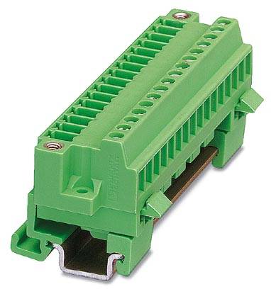 Green plug connector on DIN rail, used for mounting on DIN rails in electrical control cabinets.