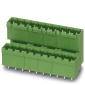 Green, rectangular electrical connector with multiple pin terminals, suitable for PCB mounting.