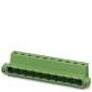 Green connector with eight connection openings in a row, suitable for electronic applications.