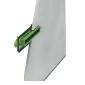 A green levelling wedge is inserted into a grey, angled surface. Used for precise alignment in construction applications.