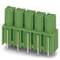 Green connector with five pins and metal contacts, suitable for electronic connections and PCB mounting.