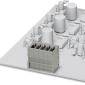 Model of a factory installation with several silver tanks and rectangular building structures, depicted in a grey 3D representation.