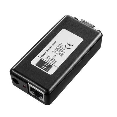 A black hygro-thermometer device with Ethernet and power connections, labelled with model and manufacturer details.