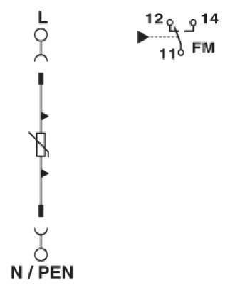 'Electrical circuit diagram with switches and cables, showing connection from L to N/PEN and circuit 12-14 to FM.'