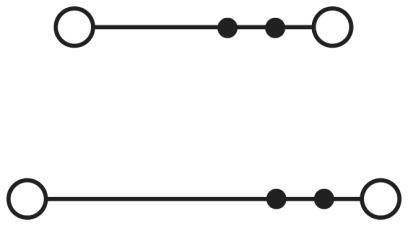Two lines: Upper line with two points in the middle, lower line with evenly distributed points. Demonstrates different spatial perception.