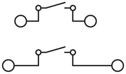 A diagram shows two identical electrical circuits, each with a closed and an open switch, connected between two circles along a line.