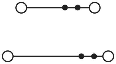 Two horizontal lines with circles at their ends. The upper line has two small dots centrally positioned, while the lower line has these dots slightly offset to the right.