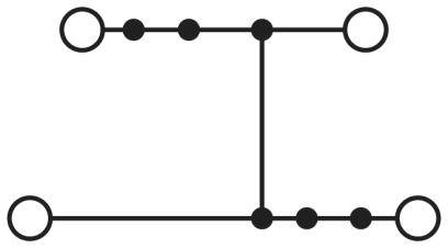Diagram with two horizontal lines, connected by a vertical line in the middle. Each line has multiple circular points.