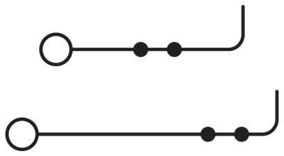 Two stylised line graphics, each with a large, open circular shape on the left, followed by two filled circles on the line. Both lines are curved upwards.