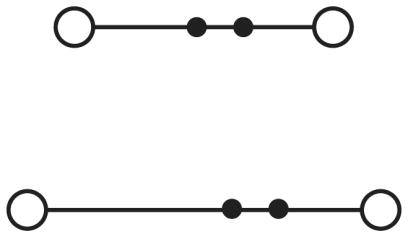 Two parallel lines with two small points between their ends. The upper line has points in the middle, the lower line has points closer to the end.