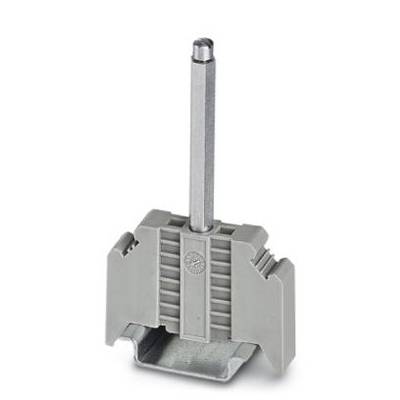 Grey plastic mounting adapter with metal pin, featuring ribbed side wings on left and right, for installation in electrical systems.