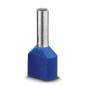 Electrical cable end ferrule with blue plastic sleeve and metallic crimping tube, for connecting cable ends in electrical installations.