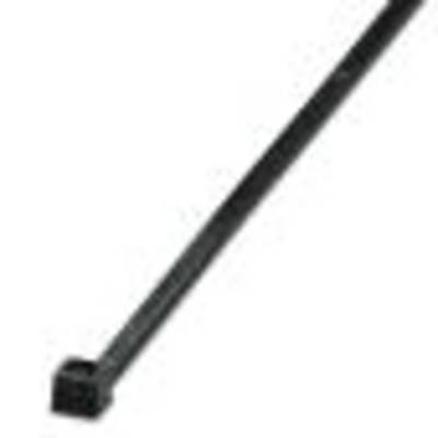 A black cable tie, thin and long, with a rectangular fastener at one end.