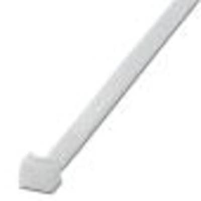A white cable tie, typically made of plastic, is lying on a white background.
