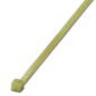 A yellow cable tie with a small, sealed end, a typical tool for securing cables and other objects.
