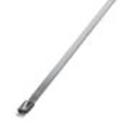 A silver metal cable tie with a locking mechanism at one end, against a white background.