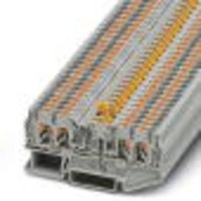 A grey electrical terminal block with multiple connection options for wiring in electrical control cabinets.