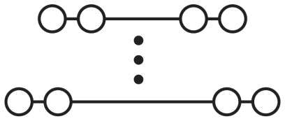 Diagram with two horizontal lines, each connecting four circles, separated by a vertical row of dots in the centre.