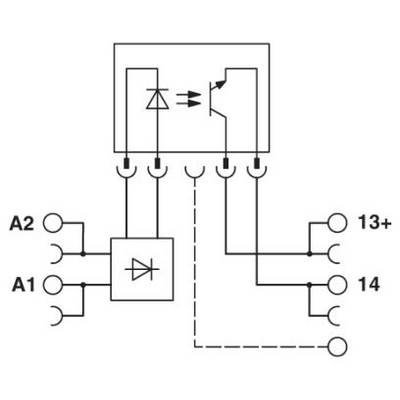 Circuit diagram with a transistor, a diode, and multiple terminals. Connections are drawn between A1, A2, 13+, and 14.