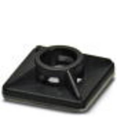 A black square plastic cable clip with a central opening, designed to secure and organise cables.