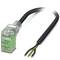 An electronic component with a transparent, rectangular cover and a black cable. Two cable ends with exposed copper.