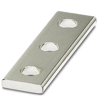 Rectangular metal plate with three evenly spaced holes.