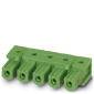 Green electrical connector block with five cavities, suitable for industrial or technological applications.