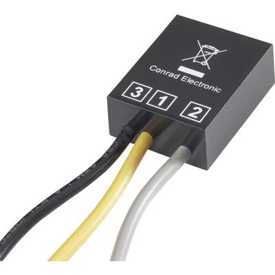 A black electrical component from Conrad Electronic with three cable connections: black, yellow, grey. Diagram symbol above.