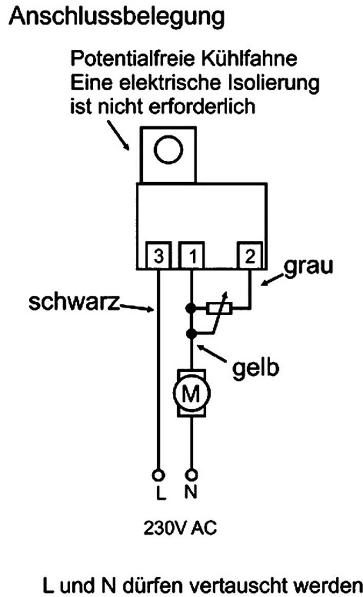 Connection diagram for an electrical device with labels: black to 3, grey to 1, yellow to 2. Note: 'L and N may be interchanged'.