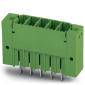Green electrical connector with five slots, for use in electronic circuits.