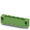 A green connector with five pins, suitable for mounting on printed circuit boards.