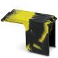 Small table with an abstract yellow and black design, rectangular shape, minimalist construction.