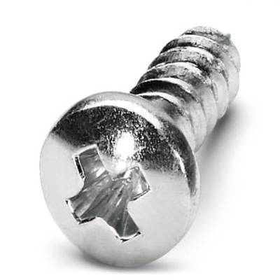 A silver cross-head screw on a white background.