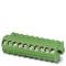 Green electrical terminal block with multiple screw connections, for secure fastening of cables in electrical circuits.
