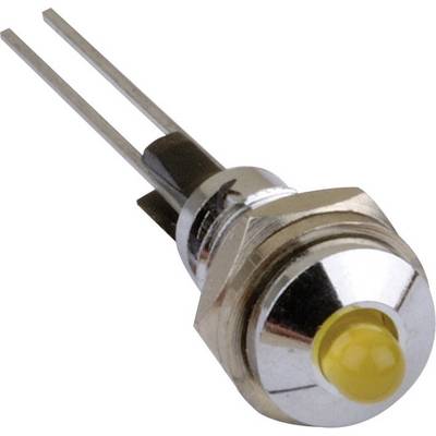 Cylindrical metal switch with a yellow button and two protruding pins, photographed against a white background.