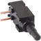 A black electric switch with two copper pins and a cylindrical cap.