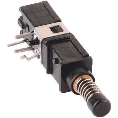 A black push button with a spring mechanism and multiple connection contacts, commonly used in electronic devices.