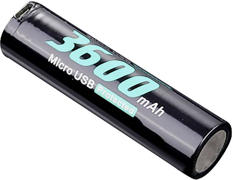 'Lithium-ion battery with 3600 mAh capacity, micro USB connection, black casing with turquoise lettering.'