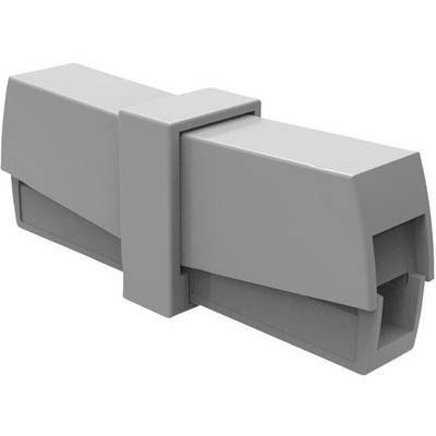 A grey plastic plug adapter with a rectangular shape, used for connecting cables or connectors in technical applications.