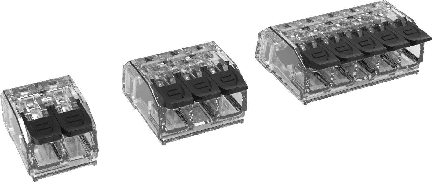 Three transparent electrical connection terminals of different sizes, each with black levers for secure wire connection.