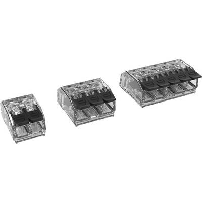 Three transparent electrical connection terminals of different sizes, each with black levers for secure wire connection.